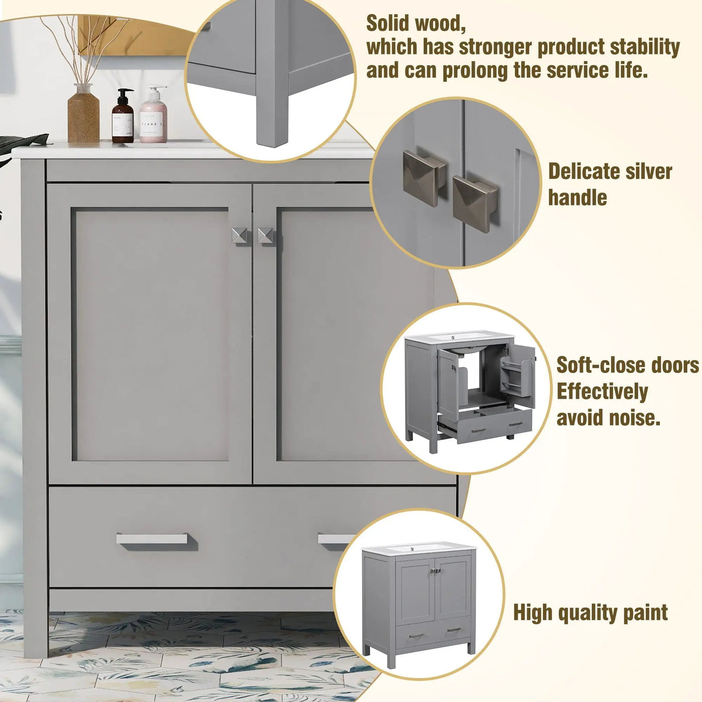 Bathroom Vanity With Single Sink, Combo Cabinet Undermount Sink, Bathroom Storage Cabinet With Two Doors And A Drawer, Soft Closing, Multifunctional Storage, Solid Wood Frame by Unique Piece Furniture