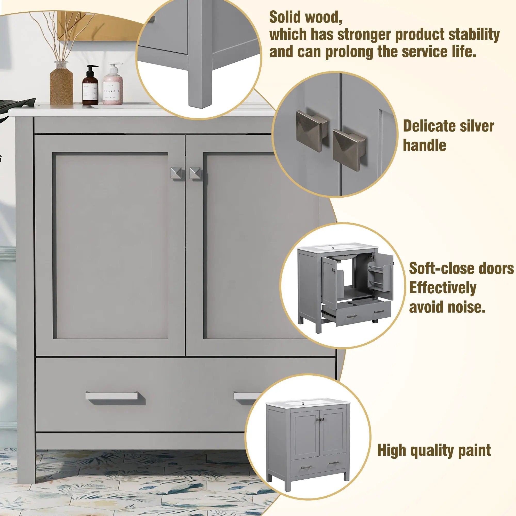 Bathroom Vanity With Single Sink, Combo Cabinet Undermount Sink, Bathroom Storage Cabinet With Two Doors And A Drawer, Soft Closing, Multifunctional Storage, Solid Wood Frame by HouseOfZazla