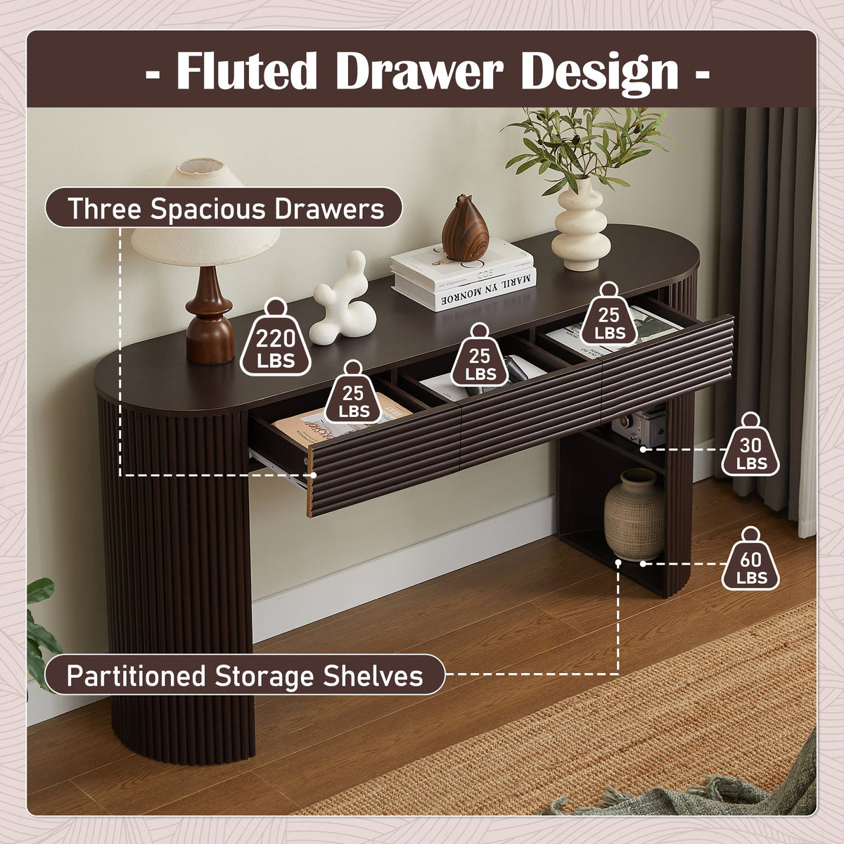 Retro Console Table with Storage and 3 Drawers - Espresso or Natural, photo 10 of 10