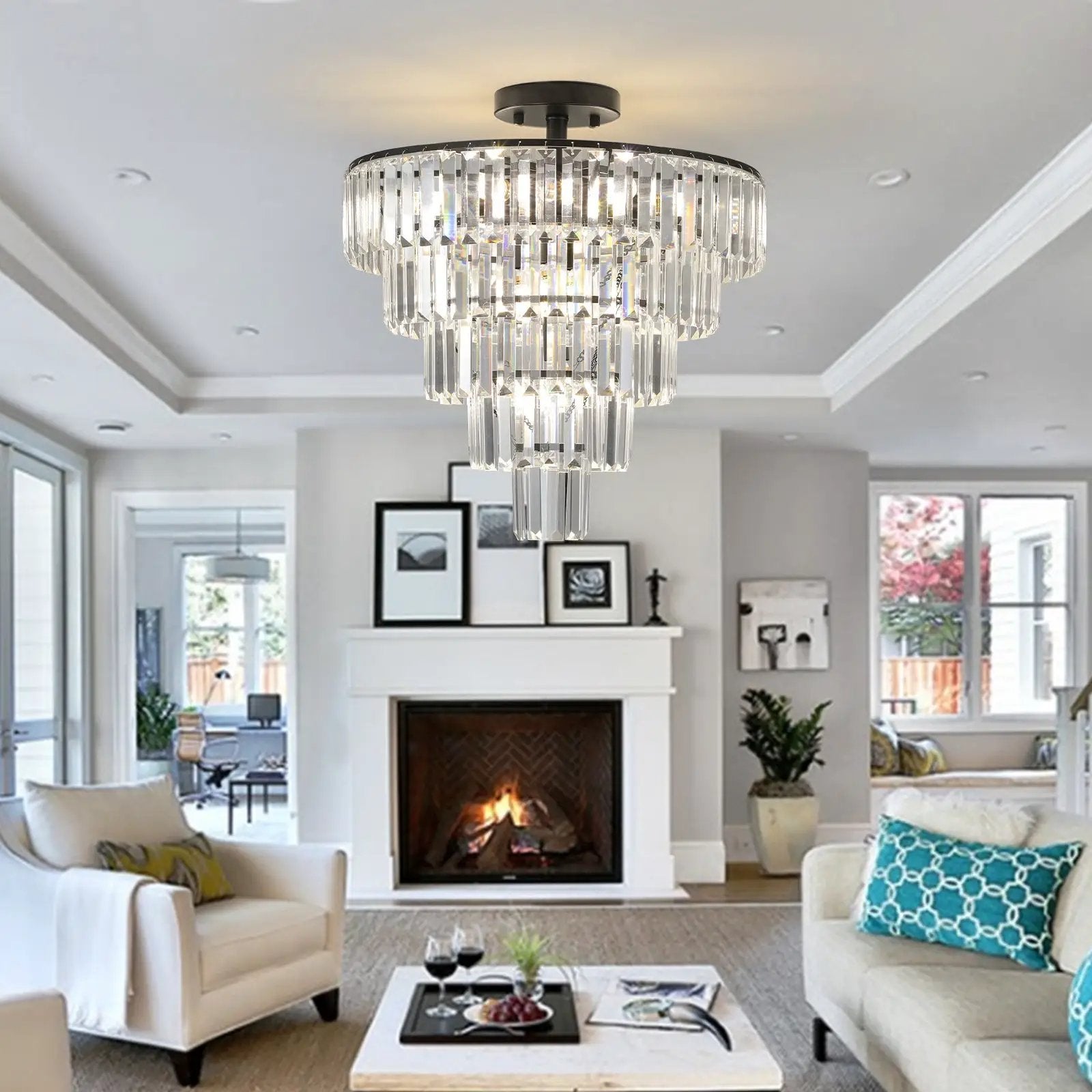 20' Black Crystal Chandelier Ceiling Light, Modern Luxury 10-Light Flush Mount by HouseOfZazla