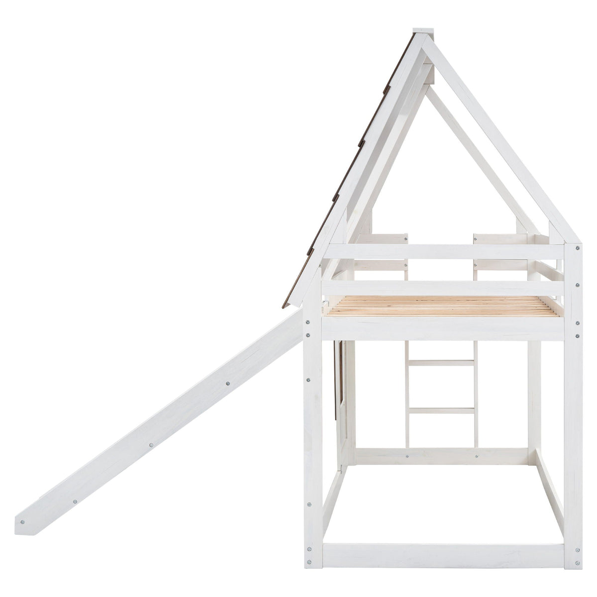 Wood Twin Size House Bunk Bed with Roof, Ladder and Slide - White / Brown, photo 11 of 11