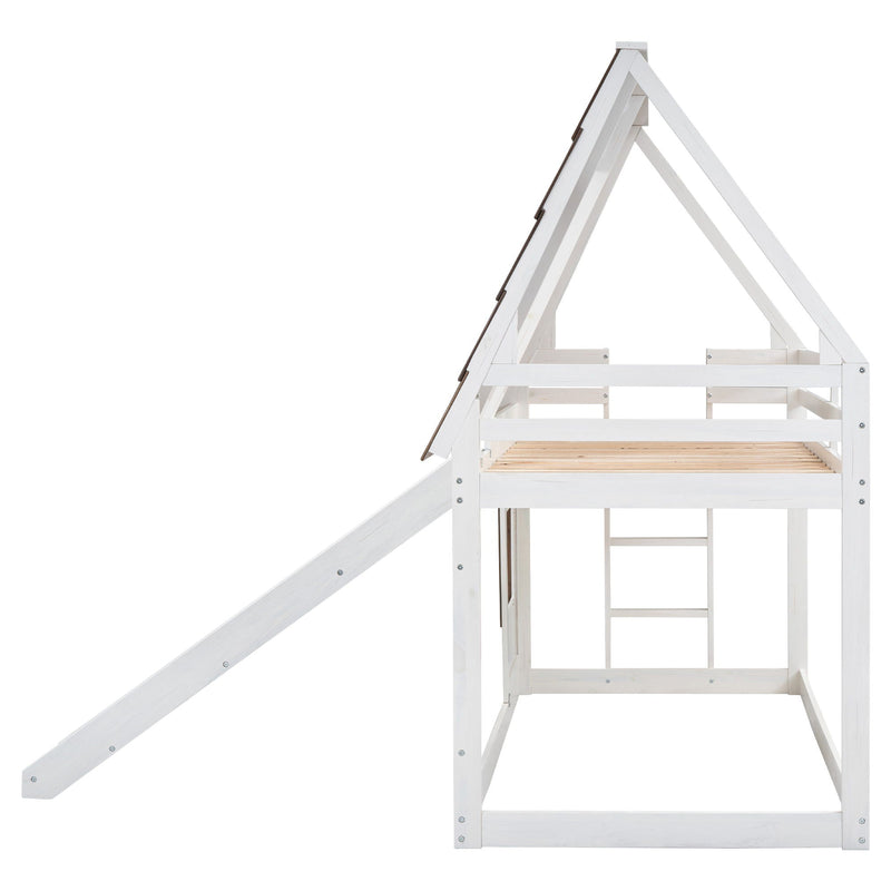 Wood Twin Size House Bunk Bed with Roof, Ladder and Slide - White / Brown, photo 11 of 11