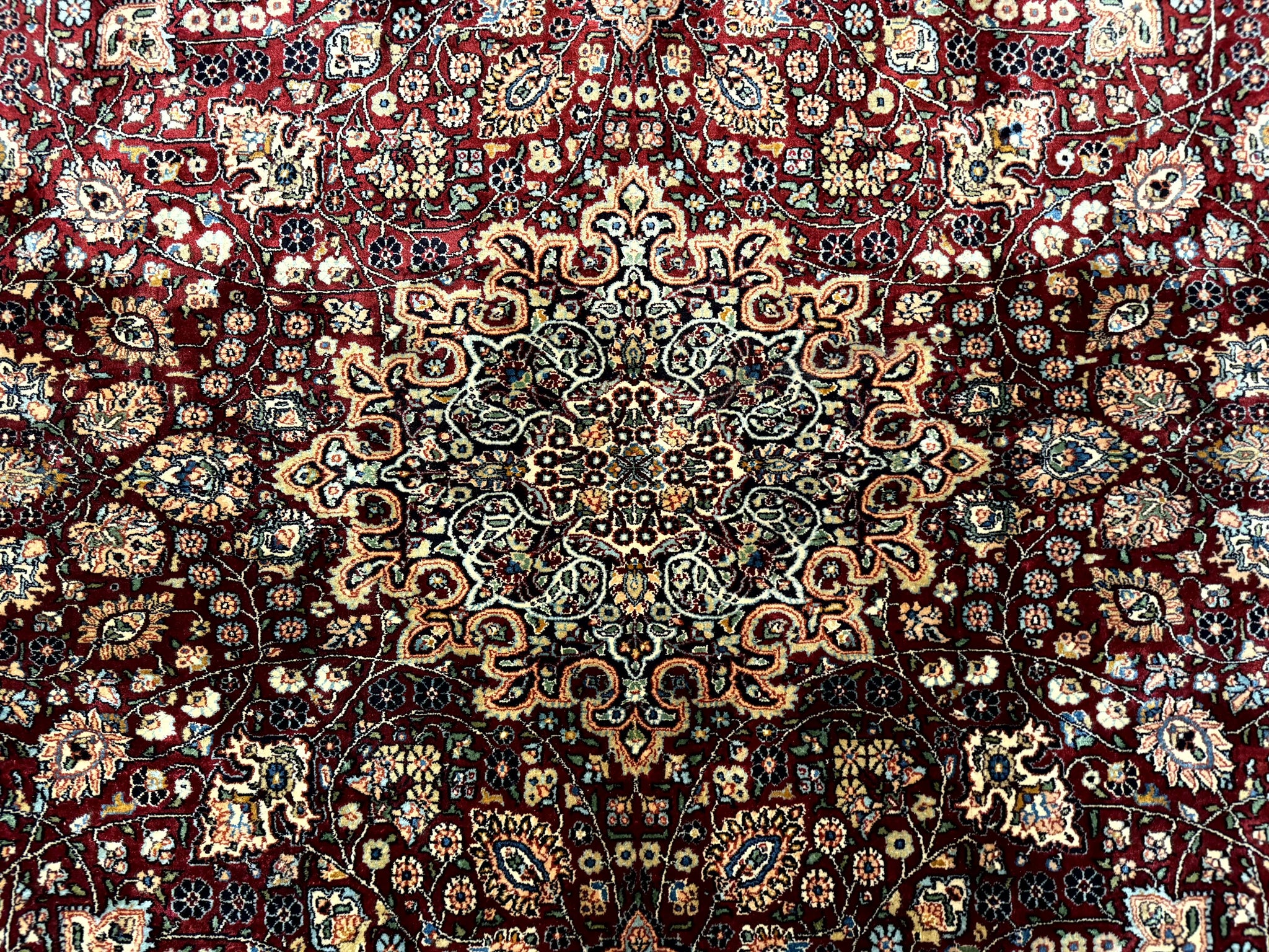 Indian Kashmiri Silk Rug 6x9, Red and Navy Blue, Floral Medallion, Fine 275 KPSI by Jewel Rugs
