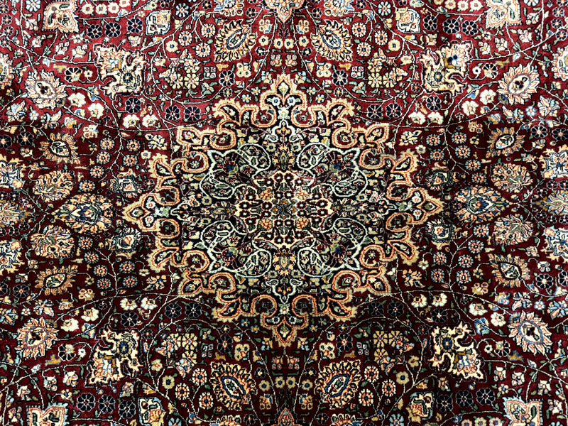 Indian Kashmiri Silk Rug 6x9, Red and Navy Blue, Floral Medallion, Fine 275 KPSI by Jewel Rugs