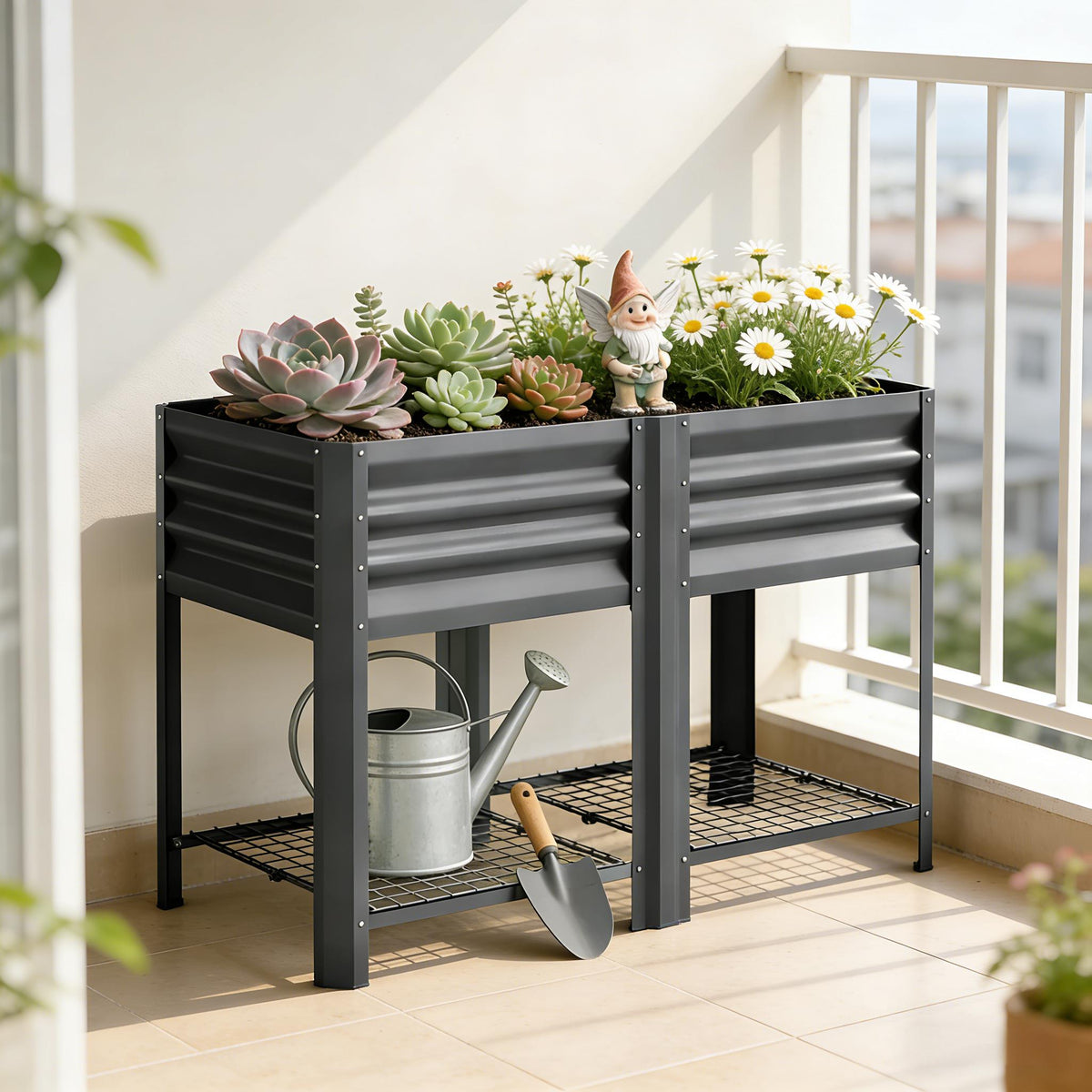 Elevated Steel Patio Planter Box with Bottom Shelf - Dark Gray, photo 2 of 9