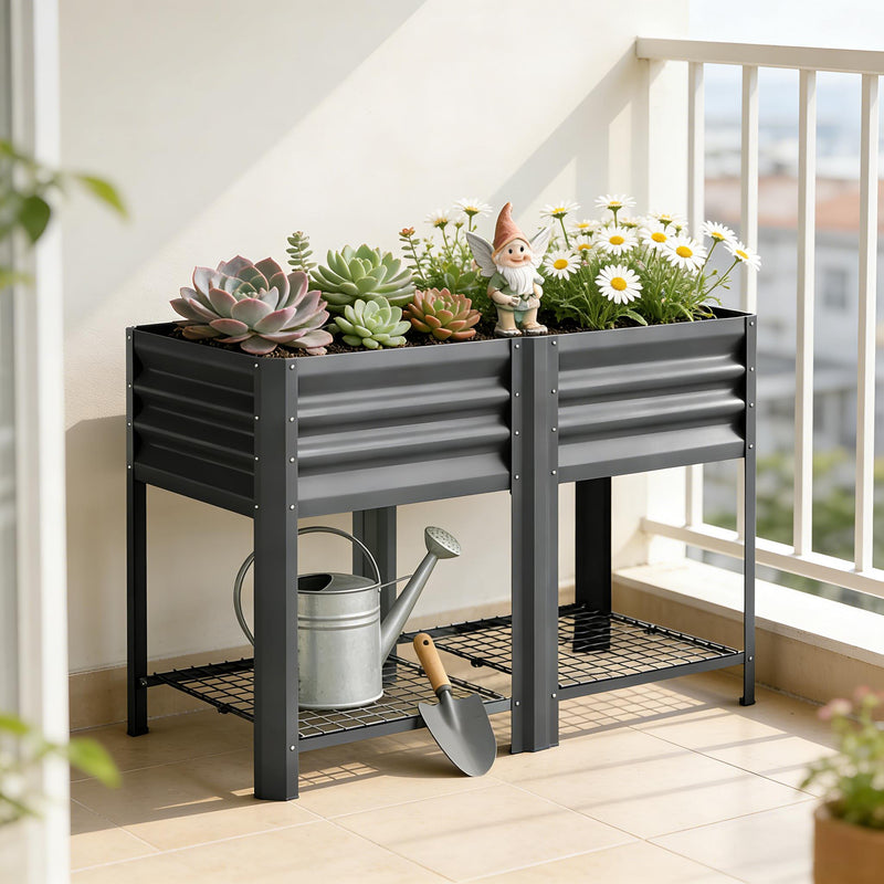 Elevated Steel Patio Planter Box with Bottom Shelf - Dark Gray, photo 2 of 9