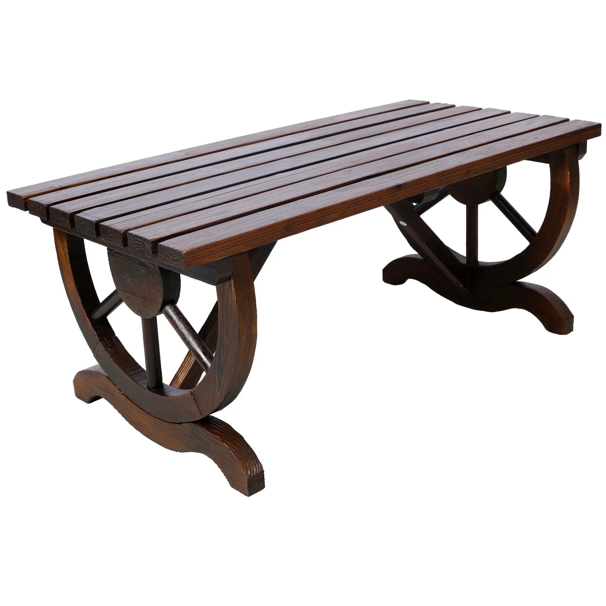 Rustic Wooden Bench With Wagon Wheel Legs For Garden And Patio - Brown by Unique Piece Furniture