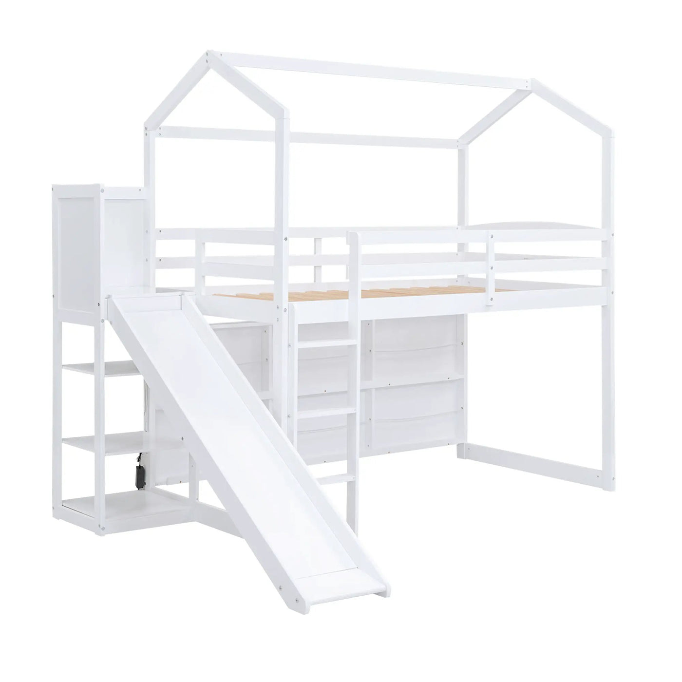 House Loft Bed With Slide, Storage Shelves And Light, Climbing Ramp by HouseOfZazla