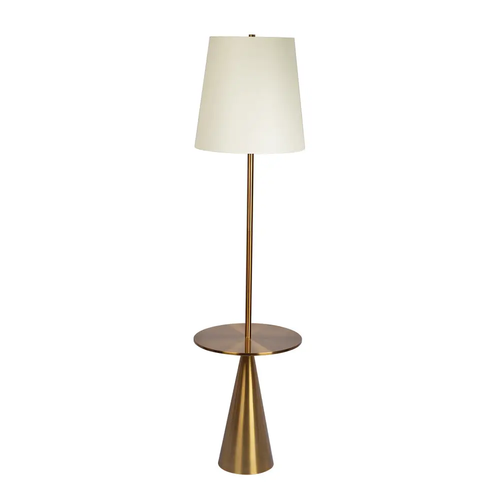 Celestial Modern Floor Lamp with Brass Accent Table and Large White Shade by BLAKHOM