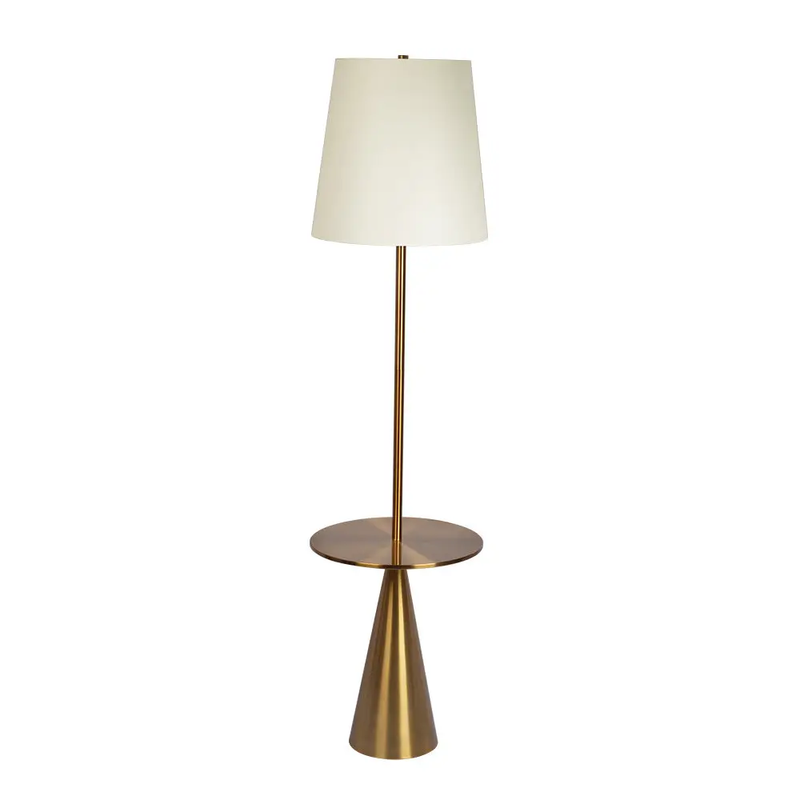Celestial Modern Floor Lamp with Brass Accent Table and Large White Shade by BLAKHOM