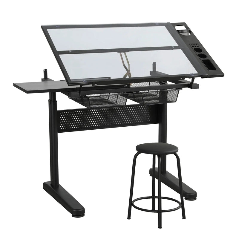 Hand Crank Adjustable Drafting Table Drawing Desk With 2 Metal Drawers With Stool by Unique Piece Furniture