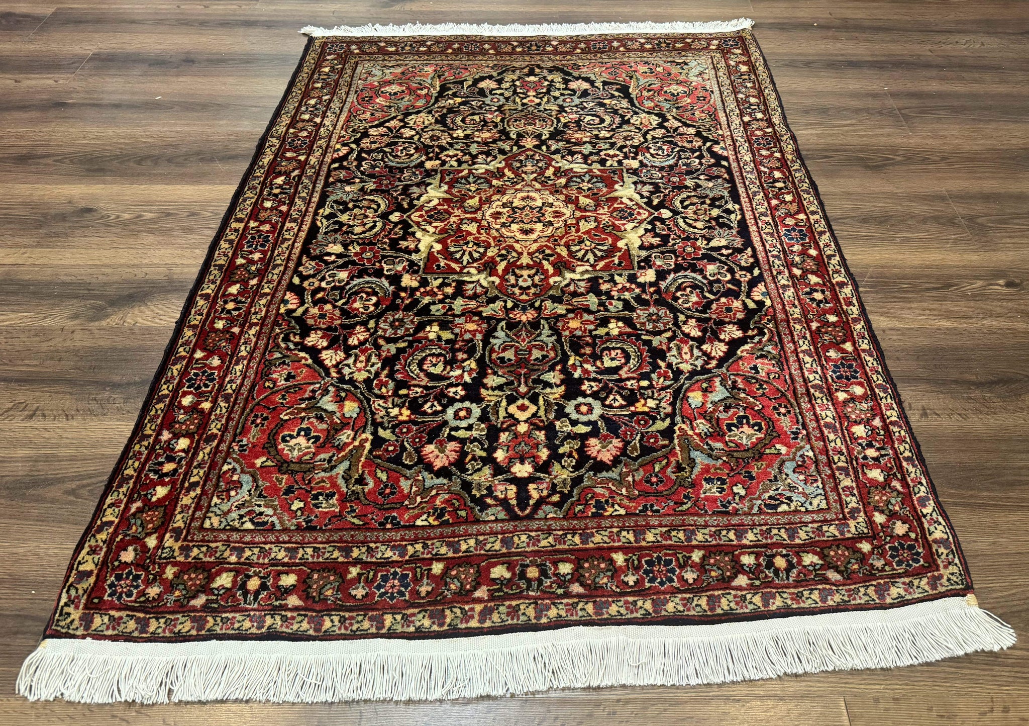 Antique Persian Sarouk Rug 4x5, Dark Blue and Red, Floral Medallion, Fine by Jewel Rugs