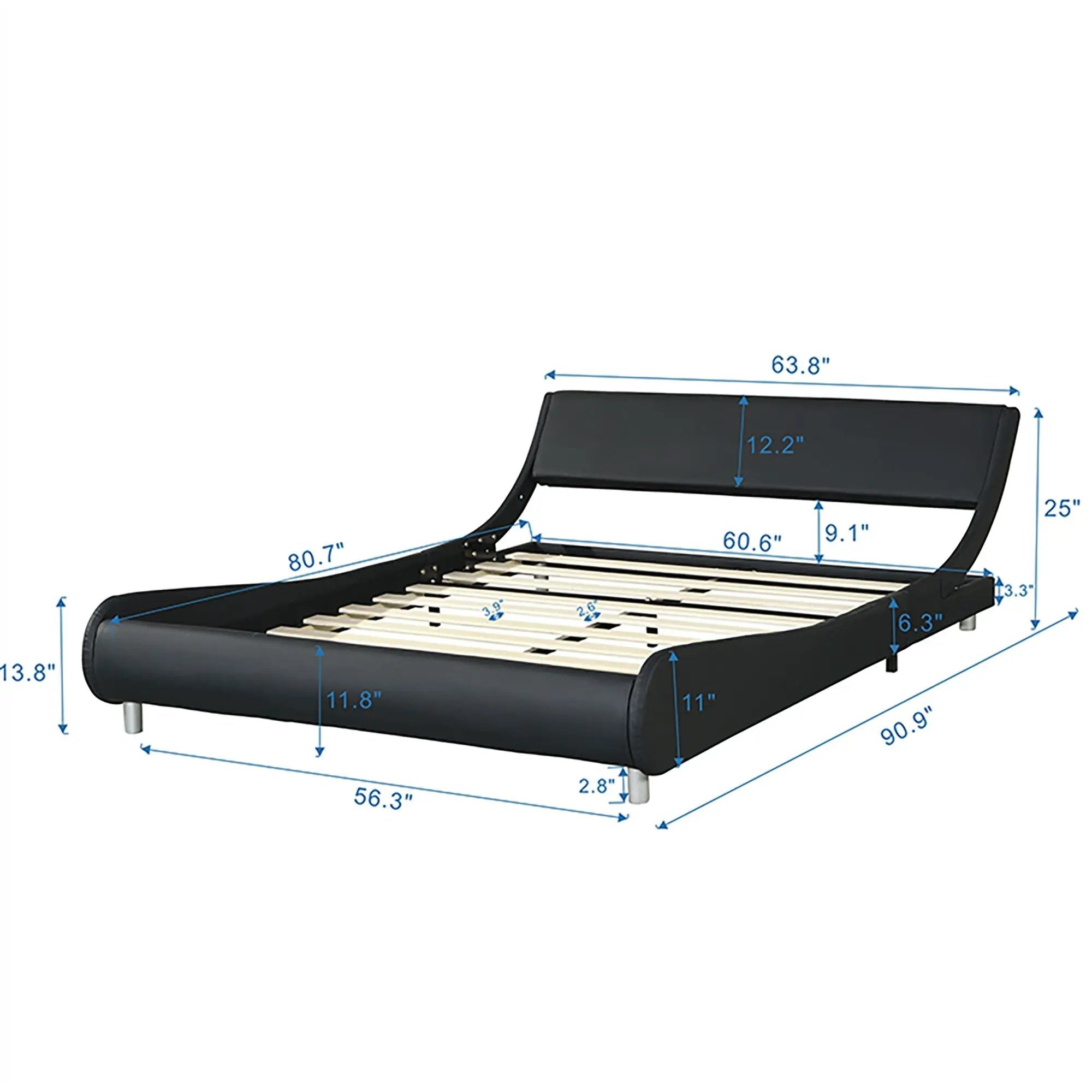 Queen Size Upholstered Platform Bed Frame With LED Lighting, Curve Design, Slat Support, No Box Spring Needed - Black by HouseOfZazla