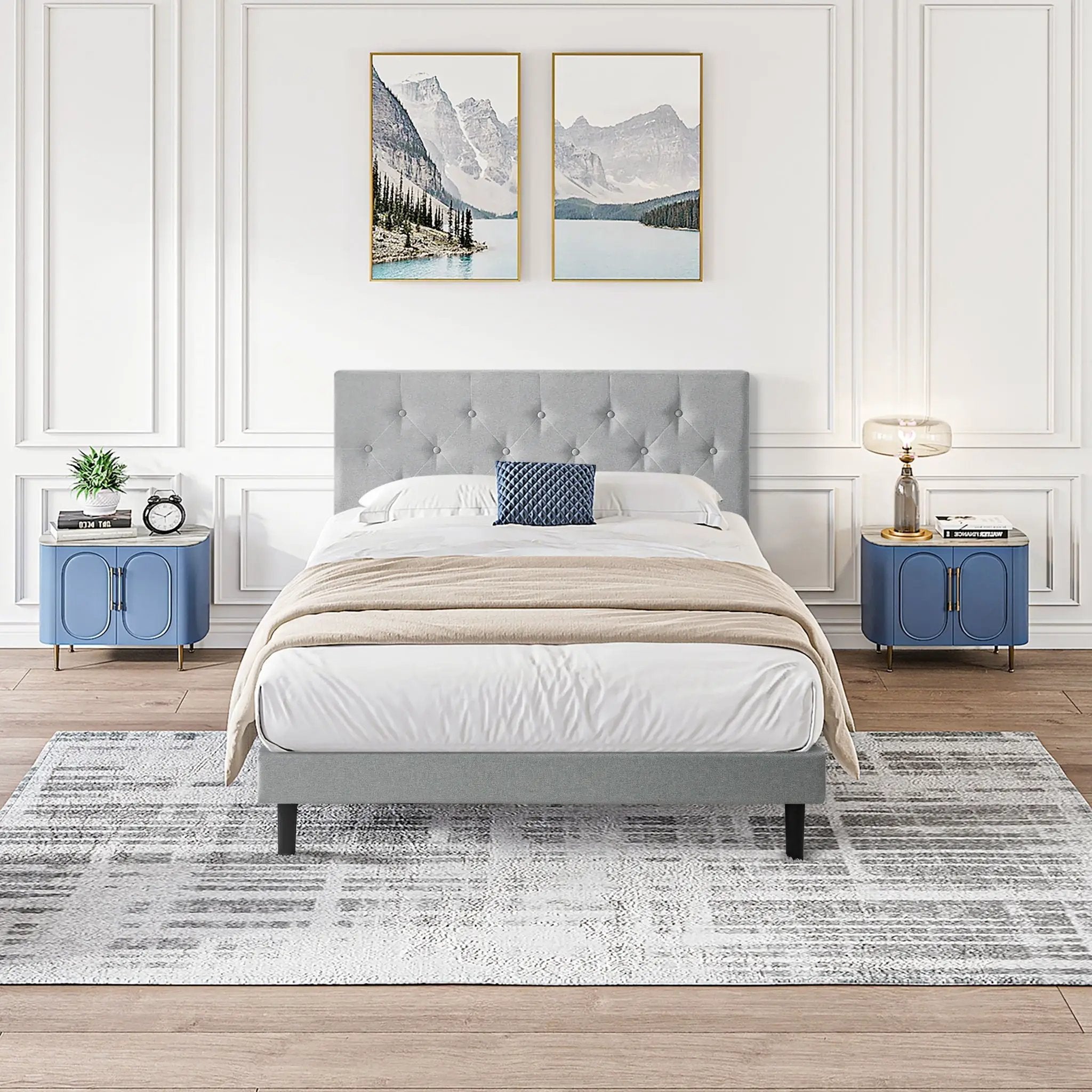 Modern Upholstered Platform Bed Frame With Button Tufted Fabric Headboard by HouseOfZazla