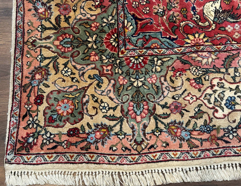 Antique Tabriz Persian Rug 7x10, Red Cream Tan, Unique Design, Fine 270 KPSI, Birds, Floral by Jewel Rugs