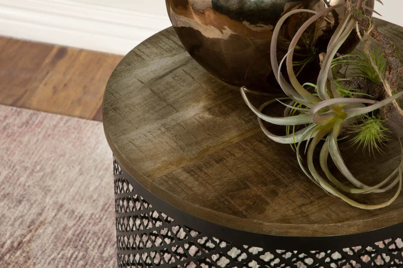 Aurora Round Drum Base Accent Side Table Natural and Black by Unique Piece Furniture