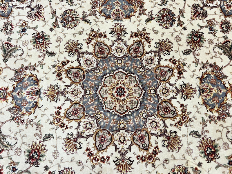 Sino Persian Square Rug 5x5, Very Fine Oriental Carpet, Wool & Silk Highlights, Ivory, Hand Knotted Handmade Vintage Traditional Rug by Jewel Rugs