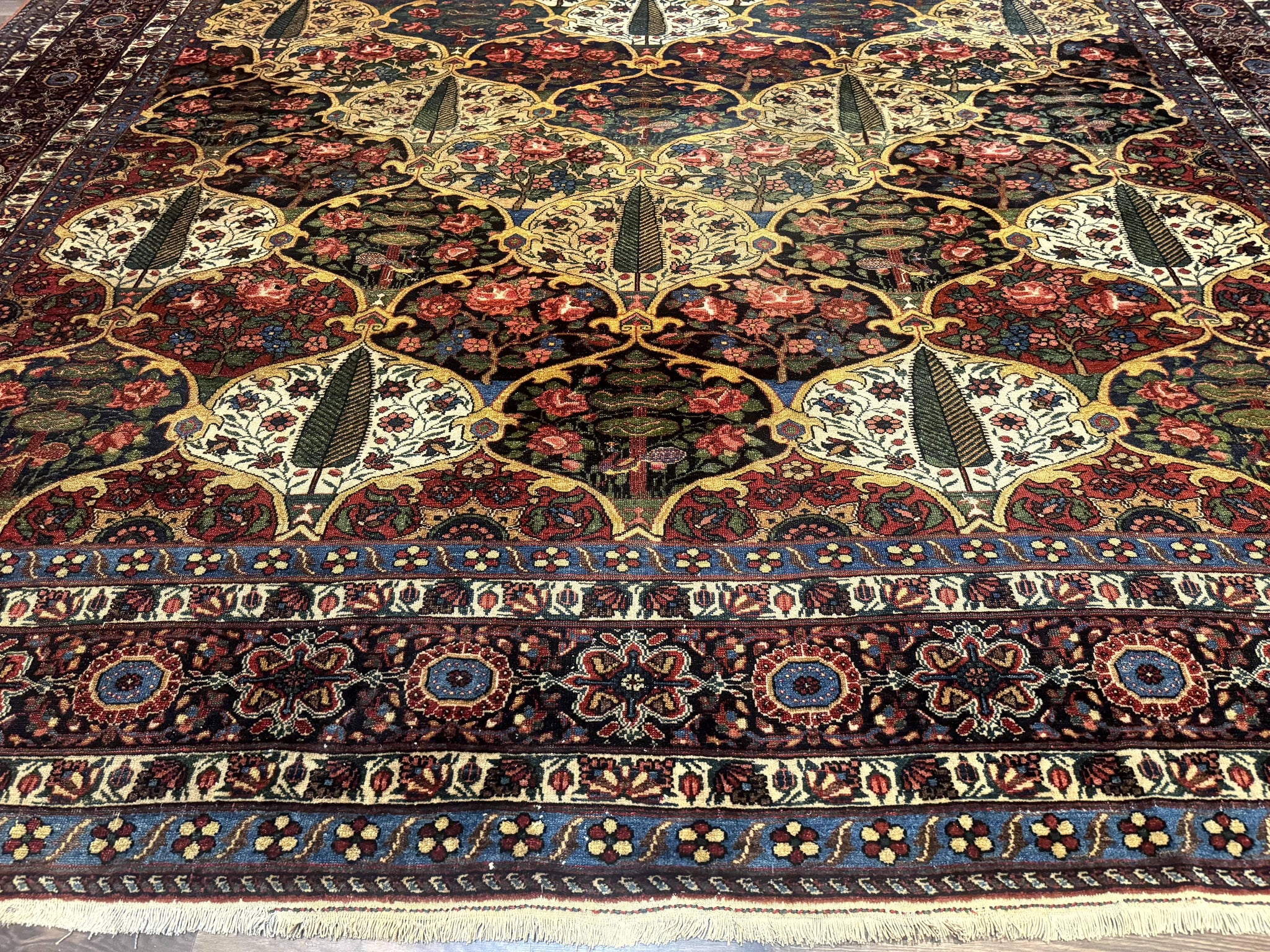Antique Persian Bakhtiari Rug 12x19, Palace Size Wool Handmade Persian Carpet, Oversized Rug, Panel Design, Peacocks, Multicolor, Rare by Jewel Rugs