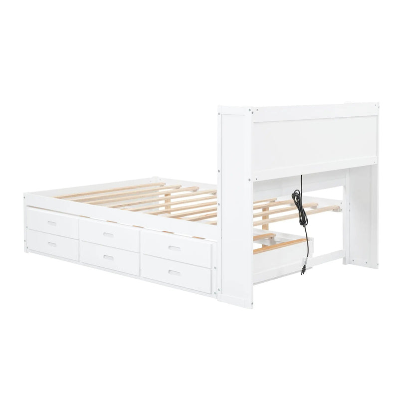 Full Size Platform Bed With Trundle, Drawers, USB Ports And Built In Shelves - White by HouseOfZazla