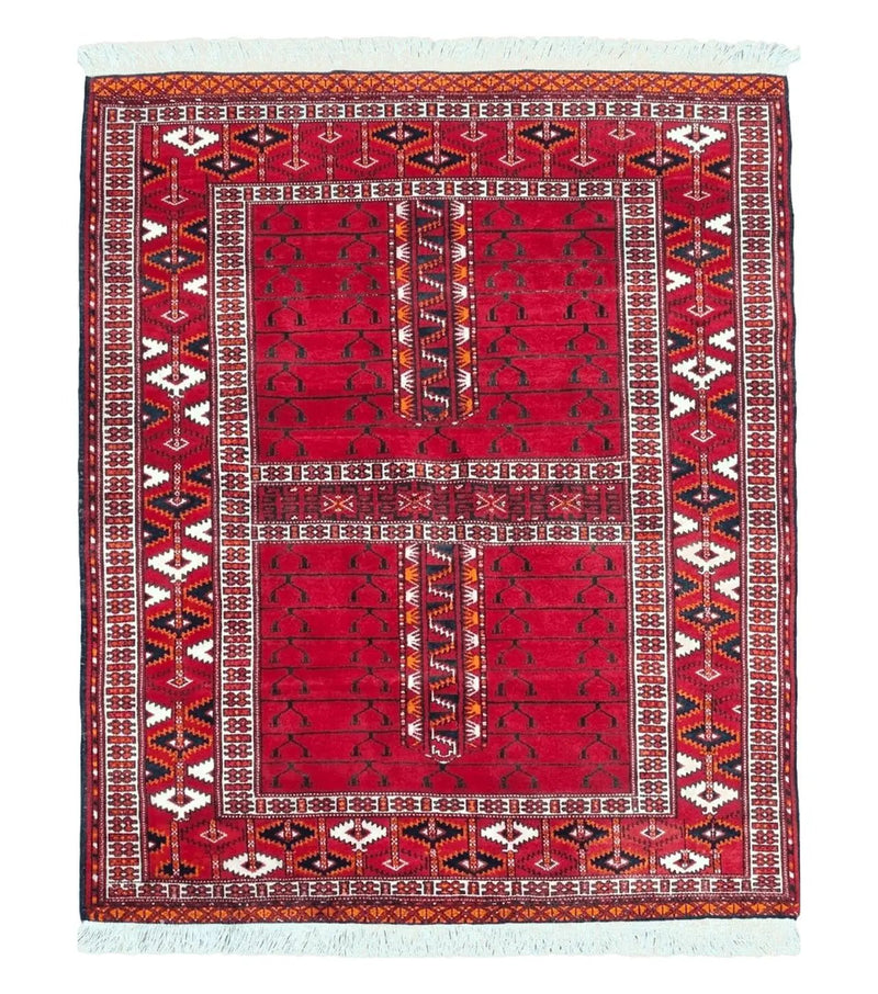 Antique Persian Turkoman Rug 4x5, Hatchli Tekkeh Ersari Red Tribal Rug, Handmade Wool Oriental Carpet, Four Seasons Rug by Jewel Rugs