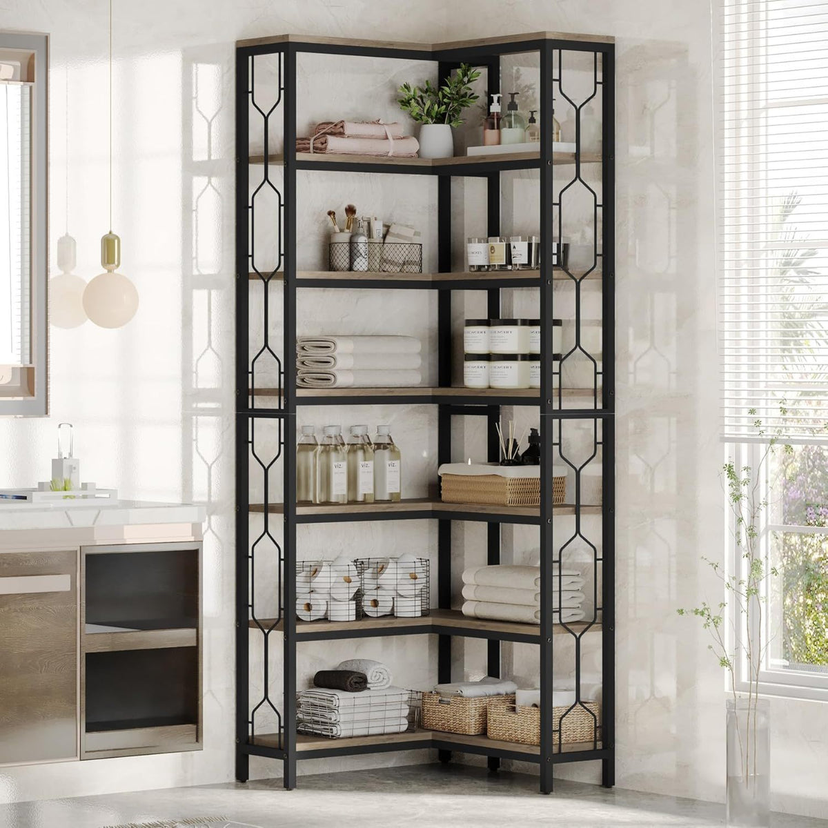 7 Tier Corner Bookshelf with Hexagonal Design - Dark Brown, White, Dark Gray, photo 12 of 12
