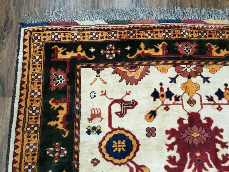 5' X 6' Vintage Handmade Knotted Turkish Kazak Pattern Wool Rug Bohemian Boho Interior Design by Jewel Rugs