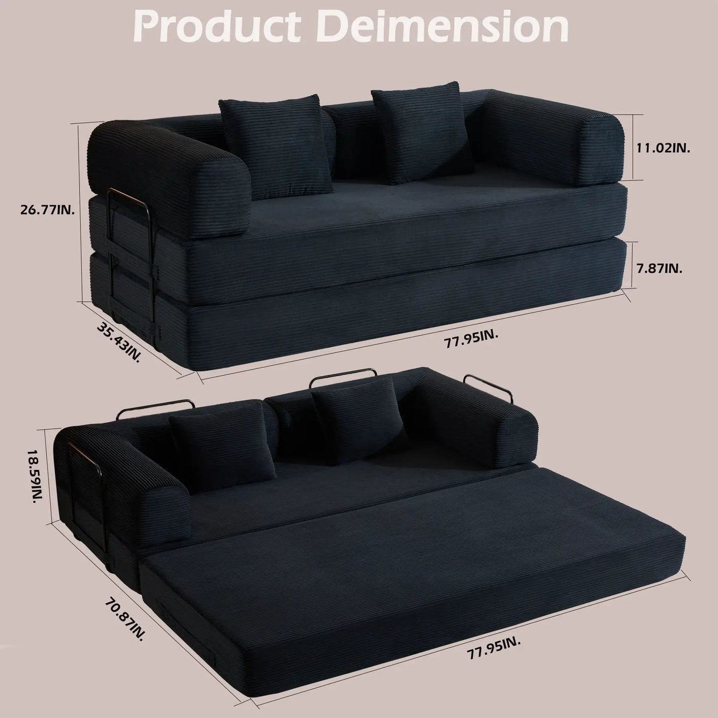 Convertible Sleeper Sofa Bed With Cylindrical Pillow, With Fixed Shape Frame by HouseOfZazla