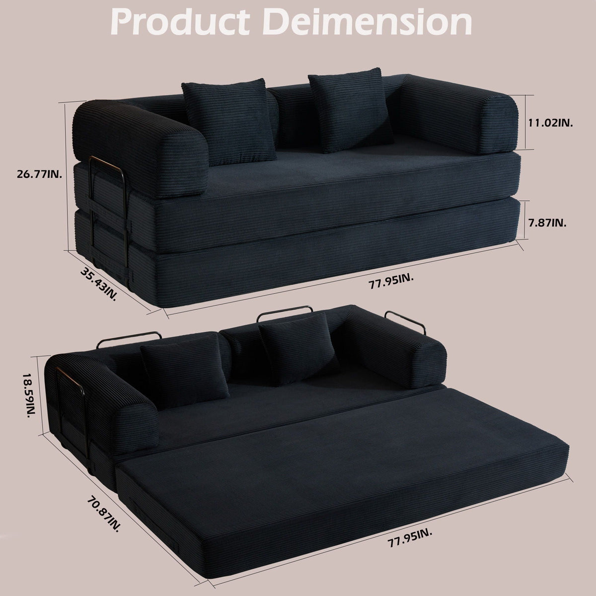 Convertible Sleeper Sofa Bed with Fixed Shape Frame and Cylindrical Pillow - Fabric, photo 12 of 12