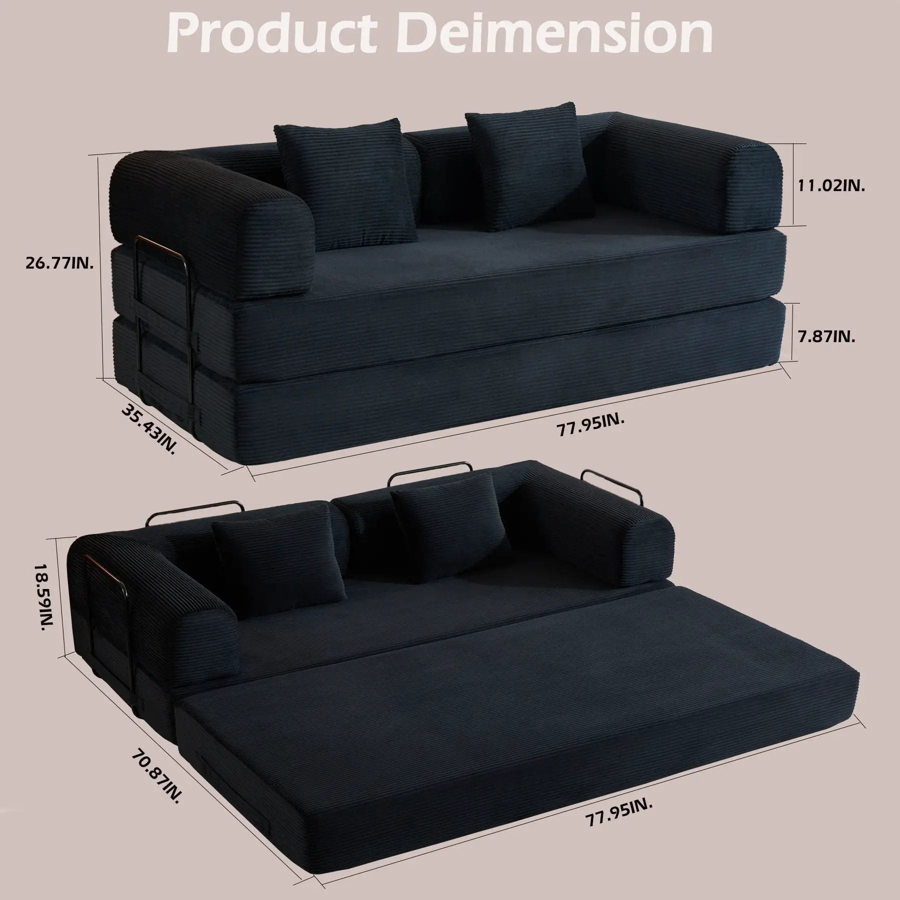 Convertible Sleeper Sofa Bed With Cylindrical Pillow, With Fixed Shape Frame by Unique Piece Furniture