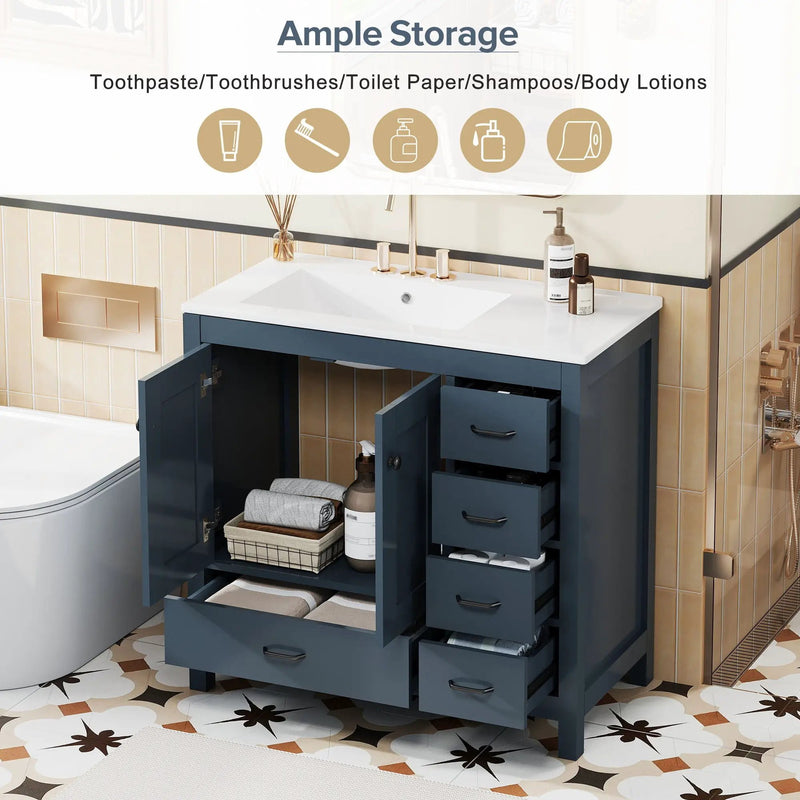Bathroom Vanity With Ceramic Sink Combo, Abundant Storage Cabinet 2 Soft Close Doors And 5 Drawers by Unique Piece Furniture