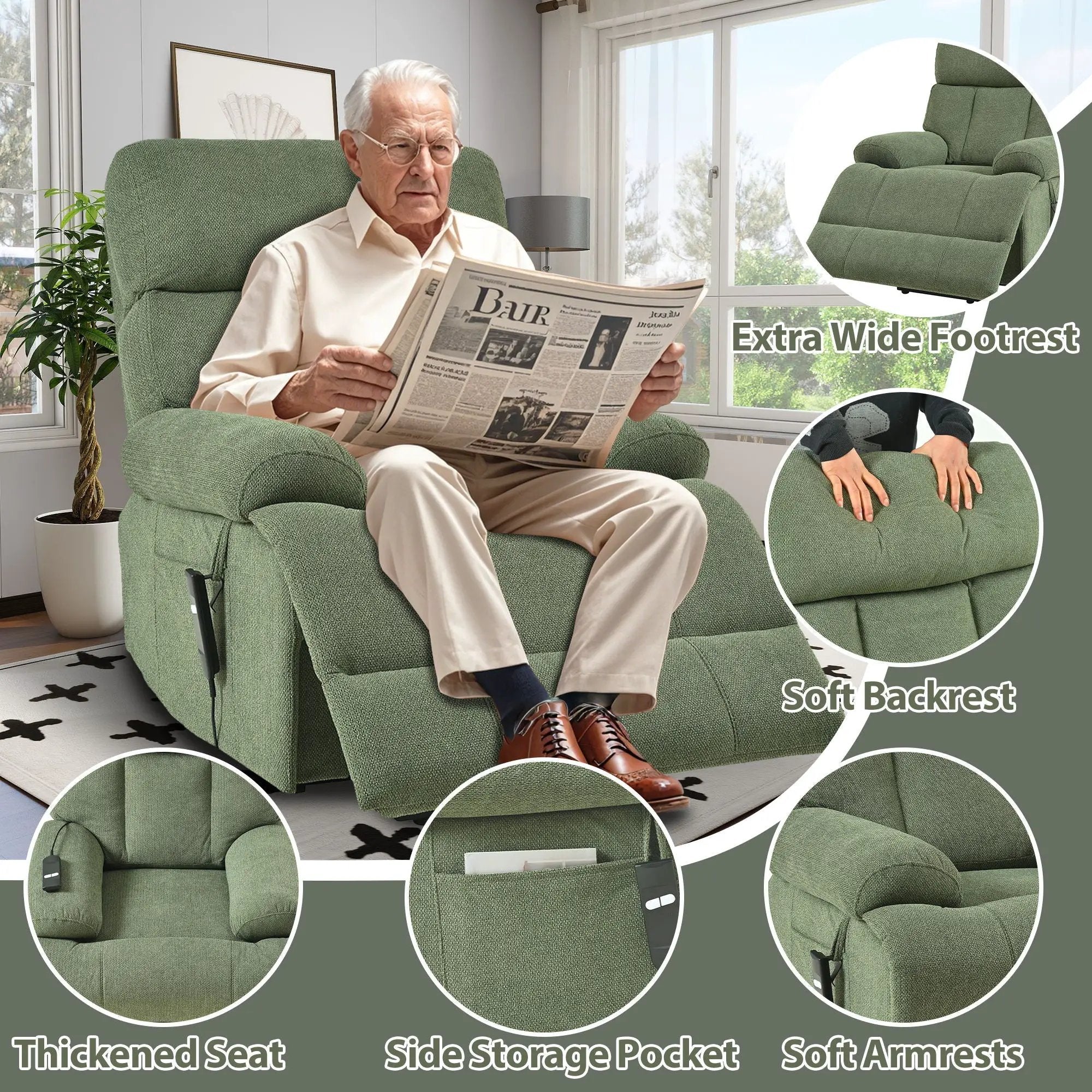 Oversized Power Lift Recliner Chai With Remote Control, Side Pocket, Spacious Seat by Unique Piece Furniture