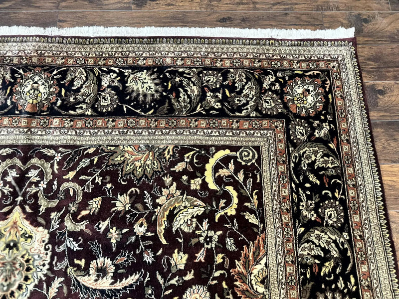 Indo Persian Rug 10x14, Floral Allover, Handmade Vintage Wool Rug, Dark Maroon/Plum and Black by Jewel Rugs