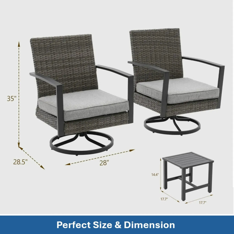 3 Piece Patio Furniture, Swivel Rocker Bistro Set With Side Table & Cushions For Porch - Gray by HouseOfZazla