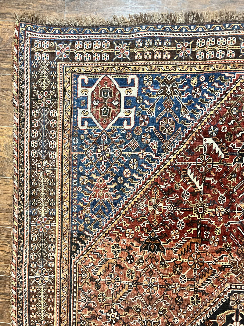 Antique Persian Shiraz Tribal Rug 6x8, Geometric Rug, Wool Handmade Hand Knotted Carpet, Red Blue by Jewel Rugs