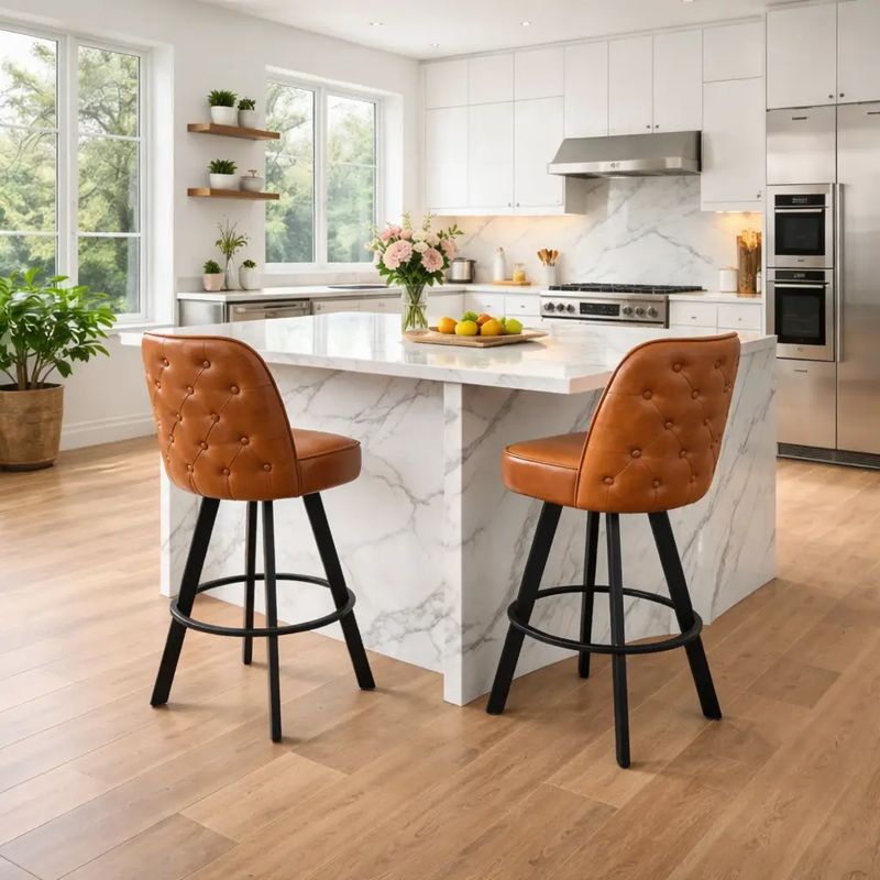 Set of 2 Commercial Grade Swivel Button-Tufted Back Bar Stools by HouseOfZazla