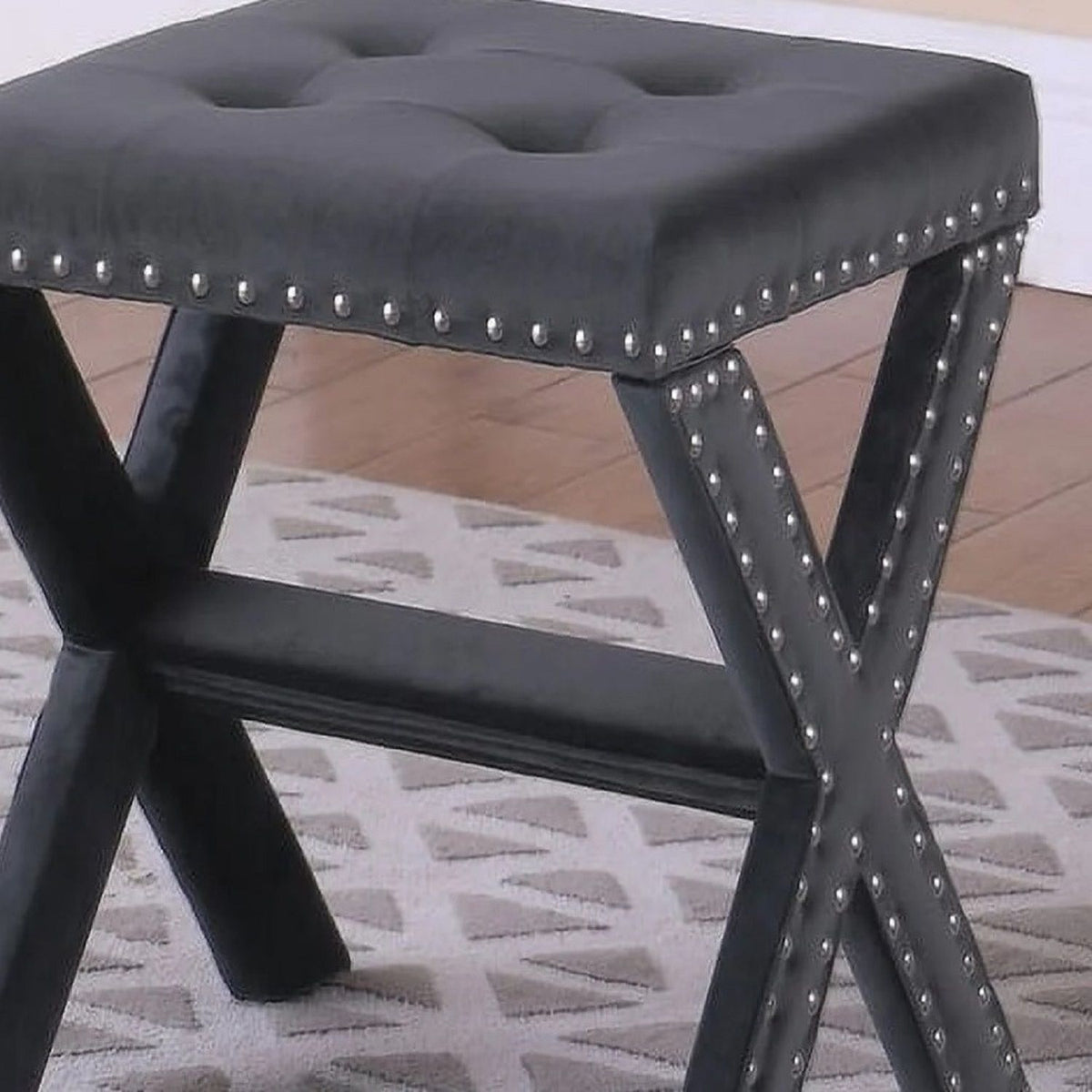 Upholstered Accent Bench with Nailhead Trim and Tufted Seat - Gray, Dark Gray, Black, Blue, photo 23 of 23