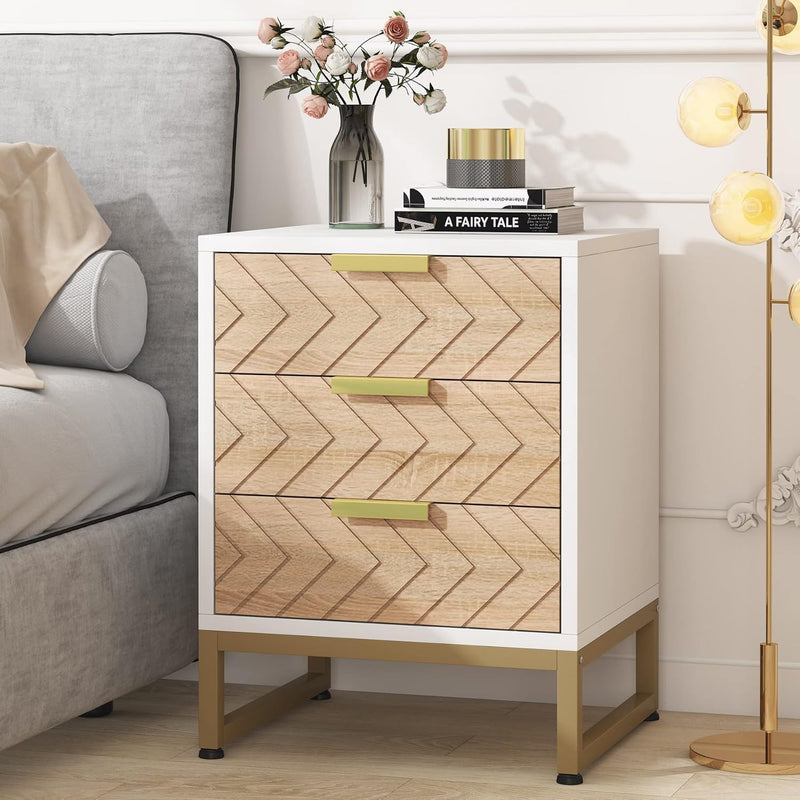 Nightstands With 3 Drawers, Zig Zag Design (Set of 2) - White / Oak by HouseOfZazla