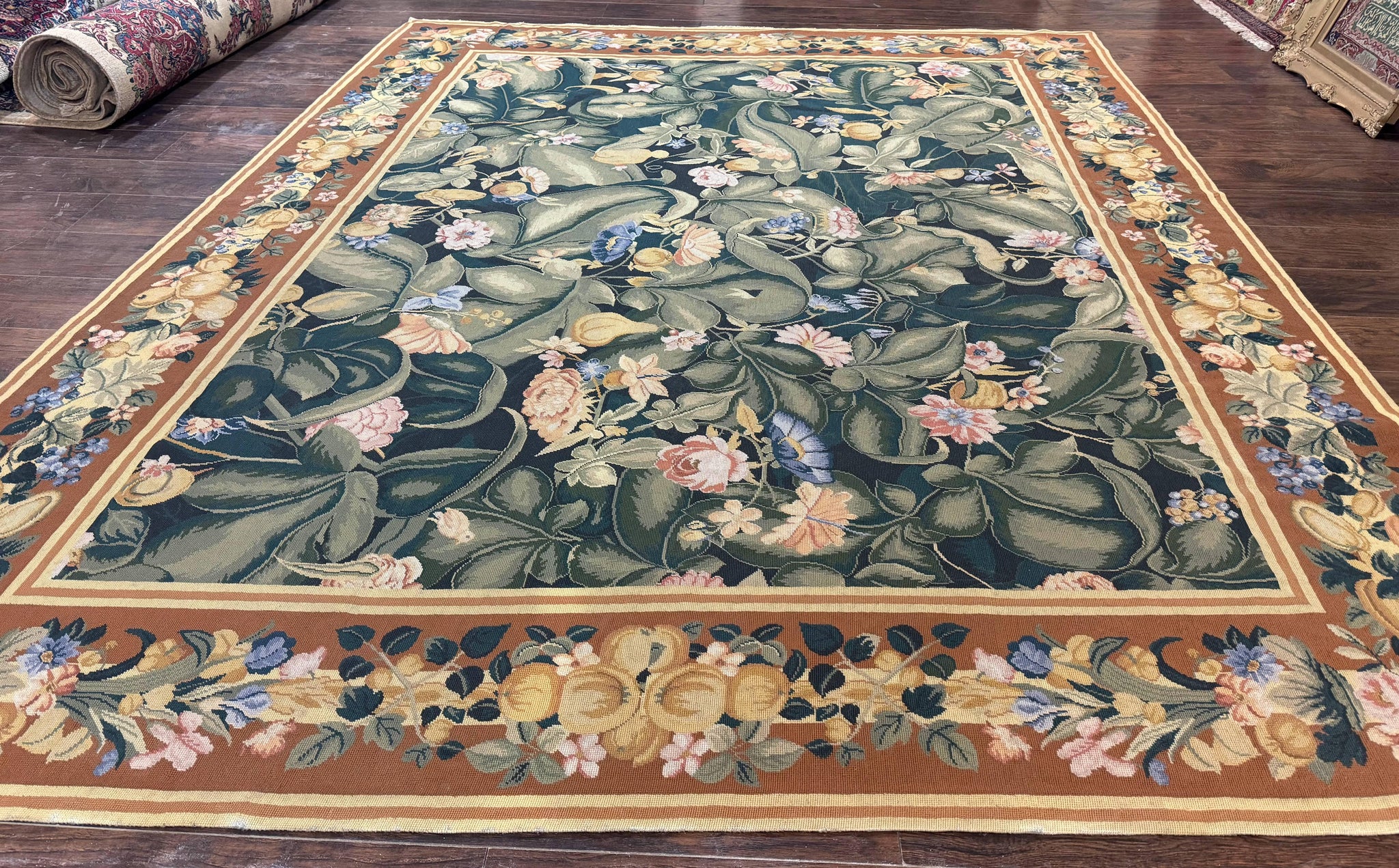 Needlepoint Rug 8x10, Vintage, Handmade, Wool, Green, Leaves & Fruits by Jewel Rugs