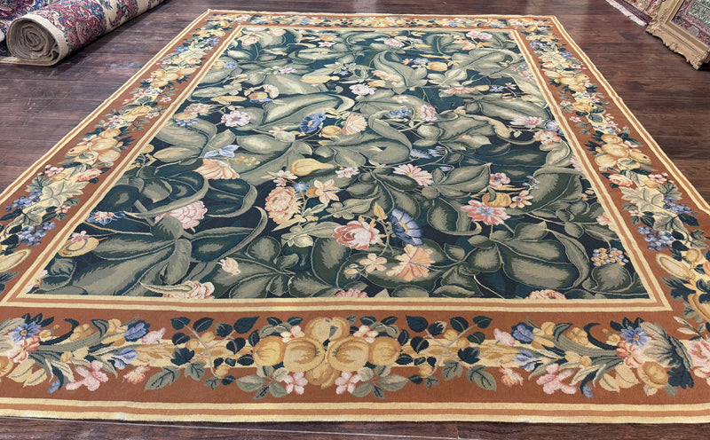 Needlepoint Rug 8x10, Vintage, Handmade, Wool, Green, Leaves & Fruits by Jewel Rugs