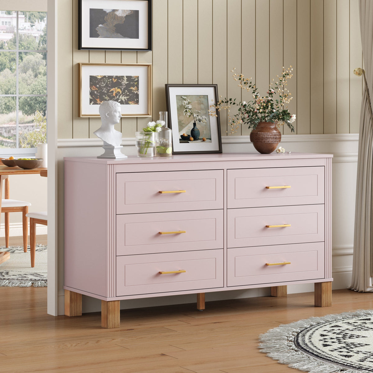 6-Drawer Double Dresser , Modern Storage Cabinet with Metal Handles & Solid Wood Legs, Dresser Drawer Organizer for Kids Bedroom, Heavy-Duty Wooden Dresser with Pre-Installed, photo 4 of 10