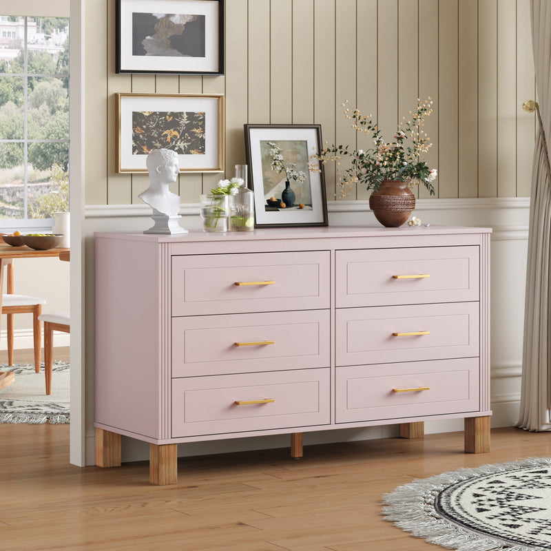 6-Drawer Double Dresser , Modern Storage Cabinet with Metal Handles & Solid Wood Legs, Dresser Drawer Organizer for Kids Bedroom, Heavy-Duty Wooden Dresser with Pre-Installed, photo 4 of 10