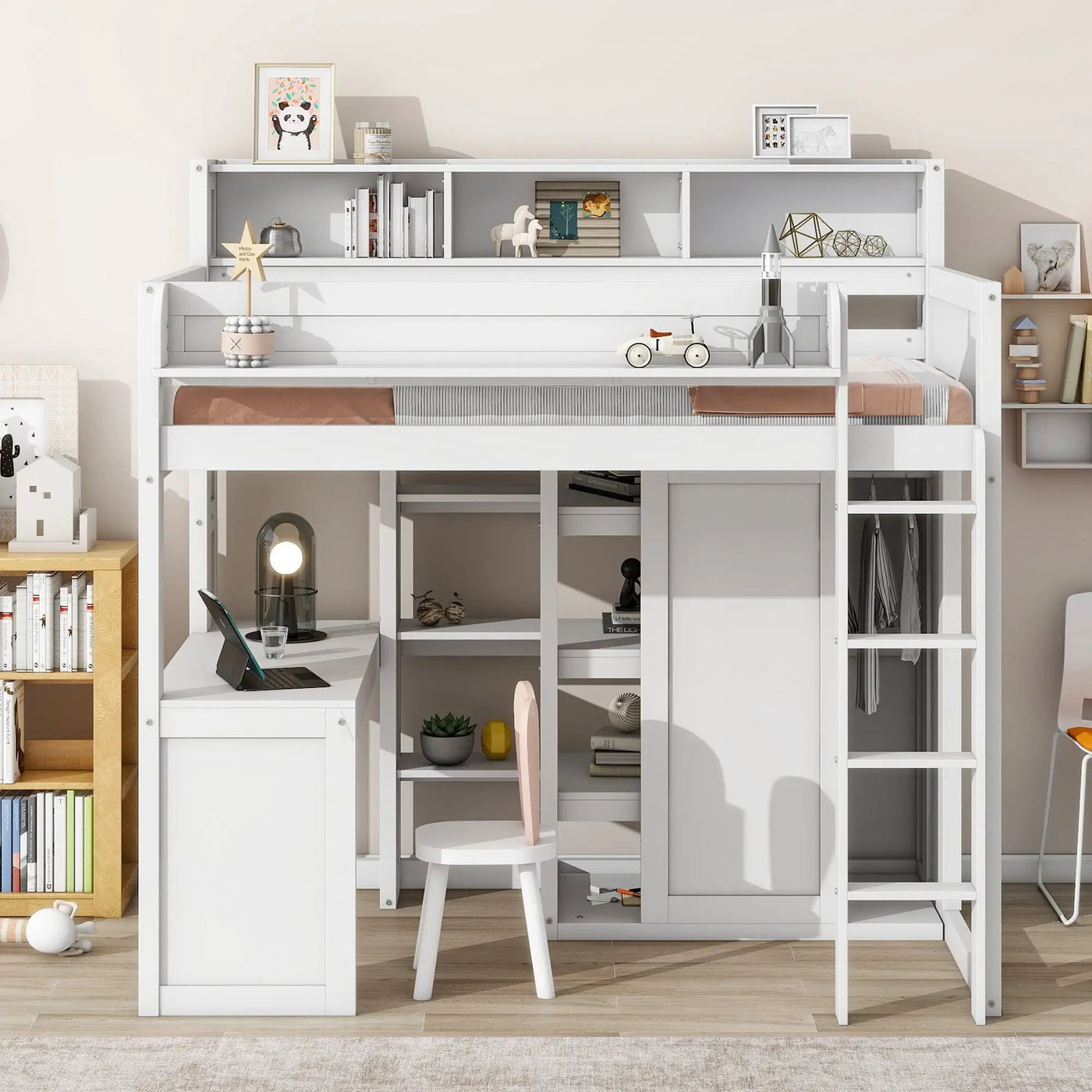 Loft Bed With Built In Desk, Storage Shelves, And Wardrobe by HouseOfZazla