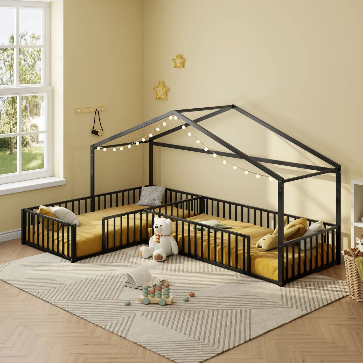 L-Shaped Montessori Bed For 2 Kids With Partitioned Fence by HouseOfZazla