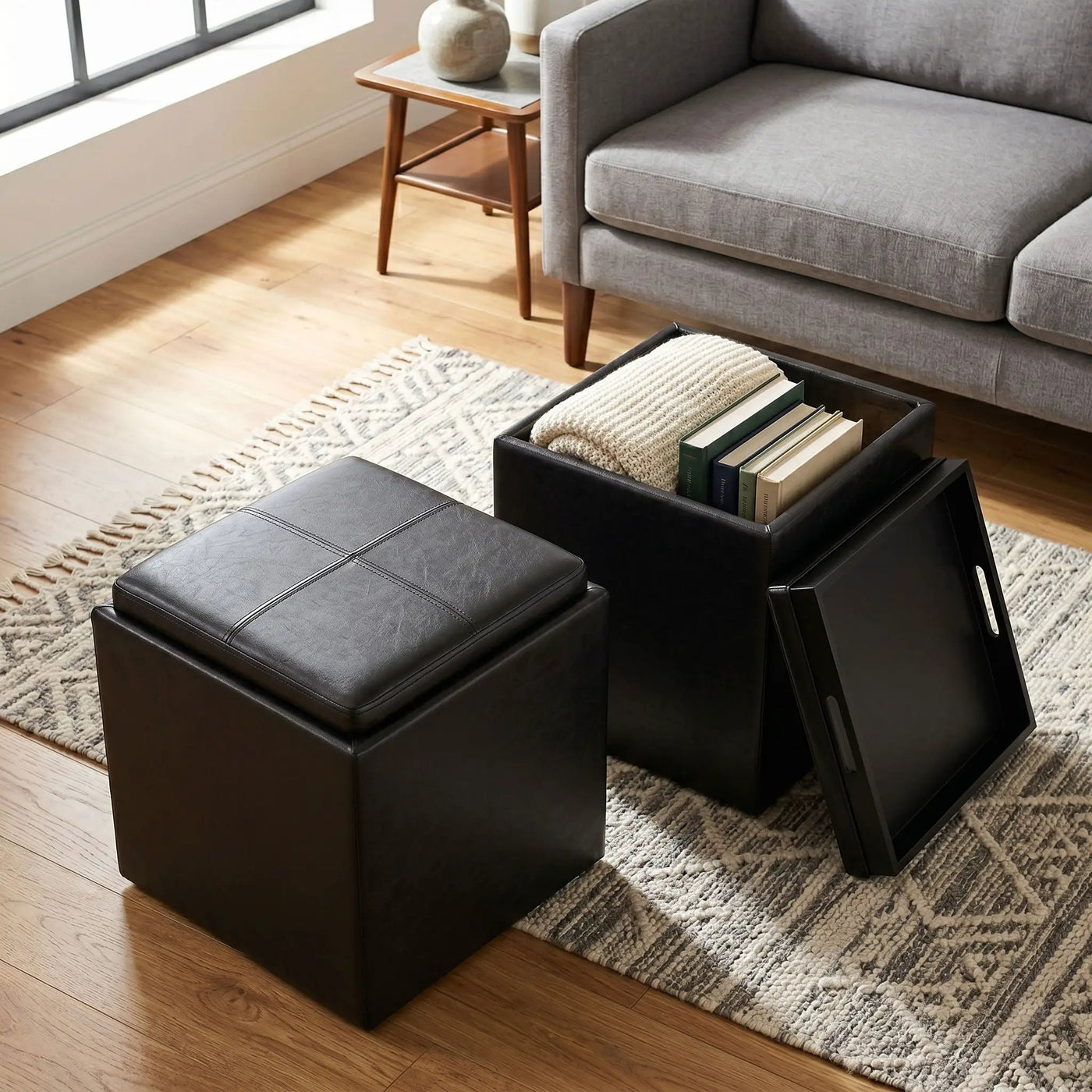 Rockwood - Upholstered Cube Storage Ottoman With Tray by HouseOfZazla