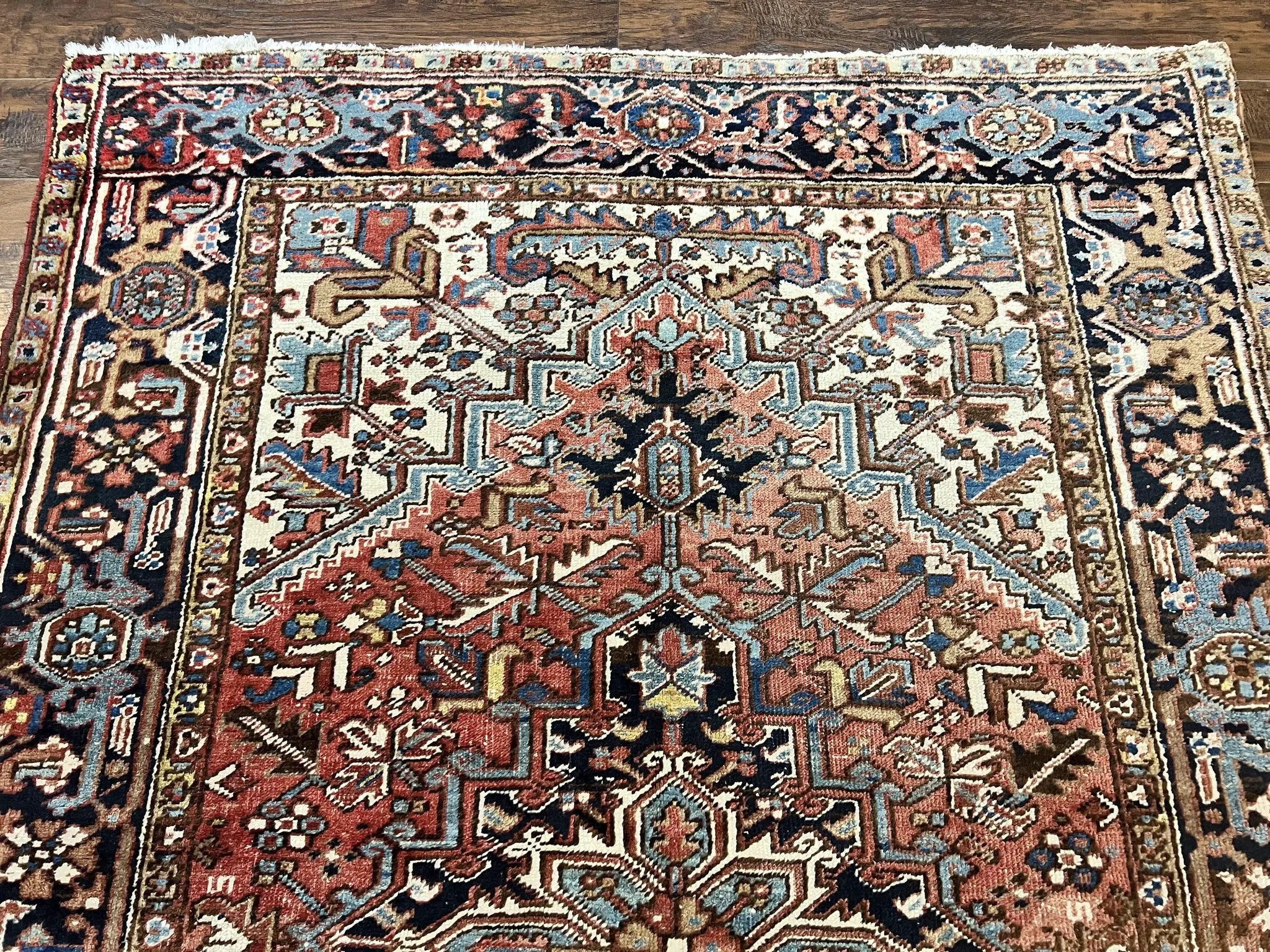Antique Persian Heriz Rug 6x8, Geometric Medallion, 1920s Oriental Carpet, Handmade Wool Rug by Jewel Rugs