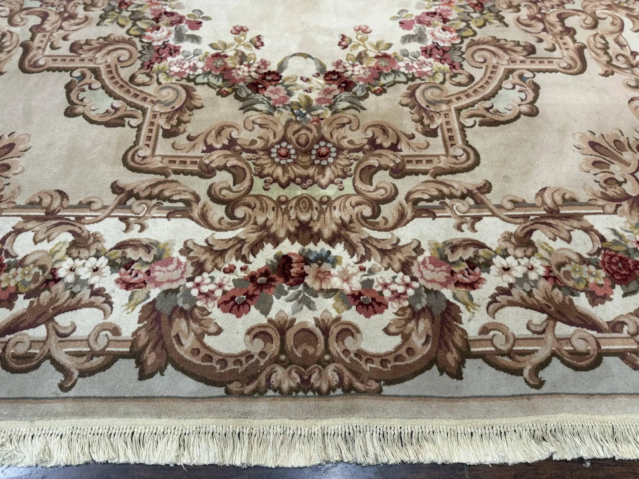 Aubusson Rug 8x12, European French Savonnerie Design, Thick Wool Pile, Elegant Rug, Cream Beige Light Green by Jewel Rugs