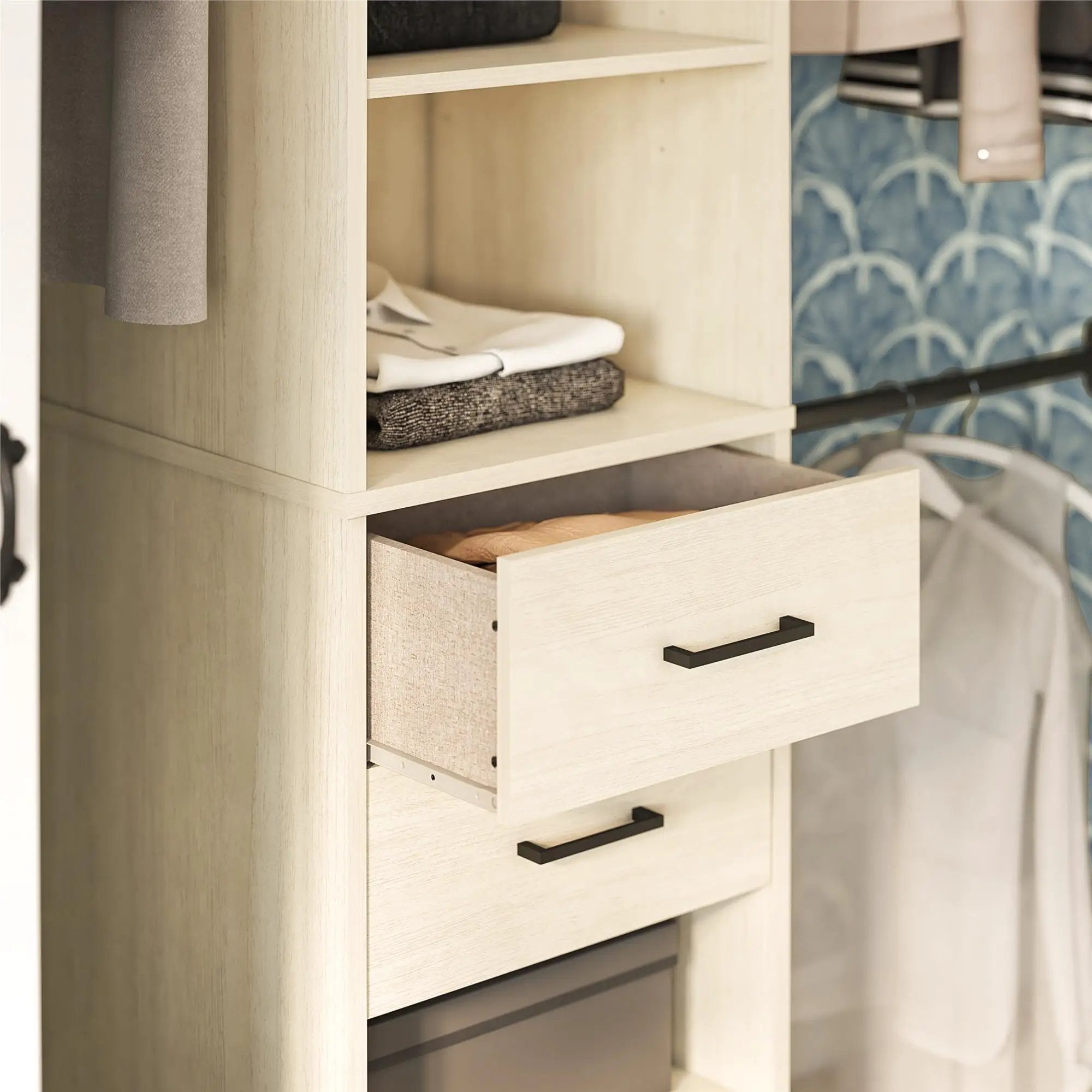 Kelly - 5 Shelf 2 Drawer Closet Organizer With 3 Adjustable Hanging Rods - Ivory by HouseOfZazla