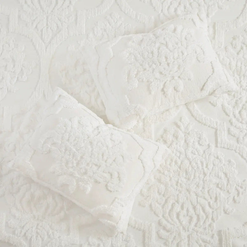 3 Piece Tufted Cotton Chenille Damask Comforter Set Off-White King/Cal King by HouseOfZazla