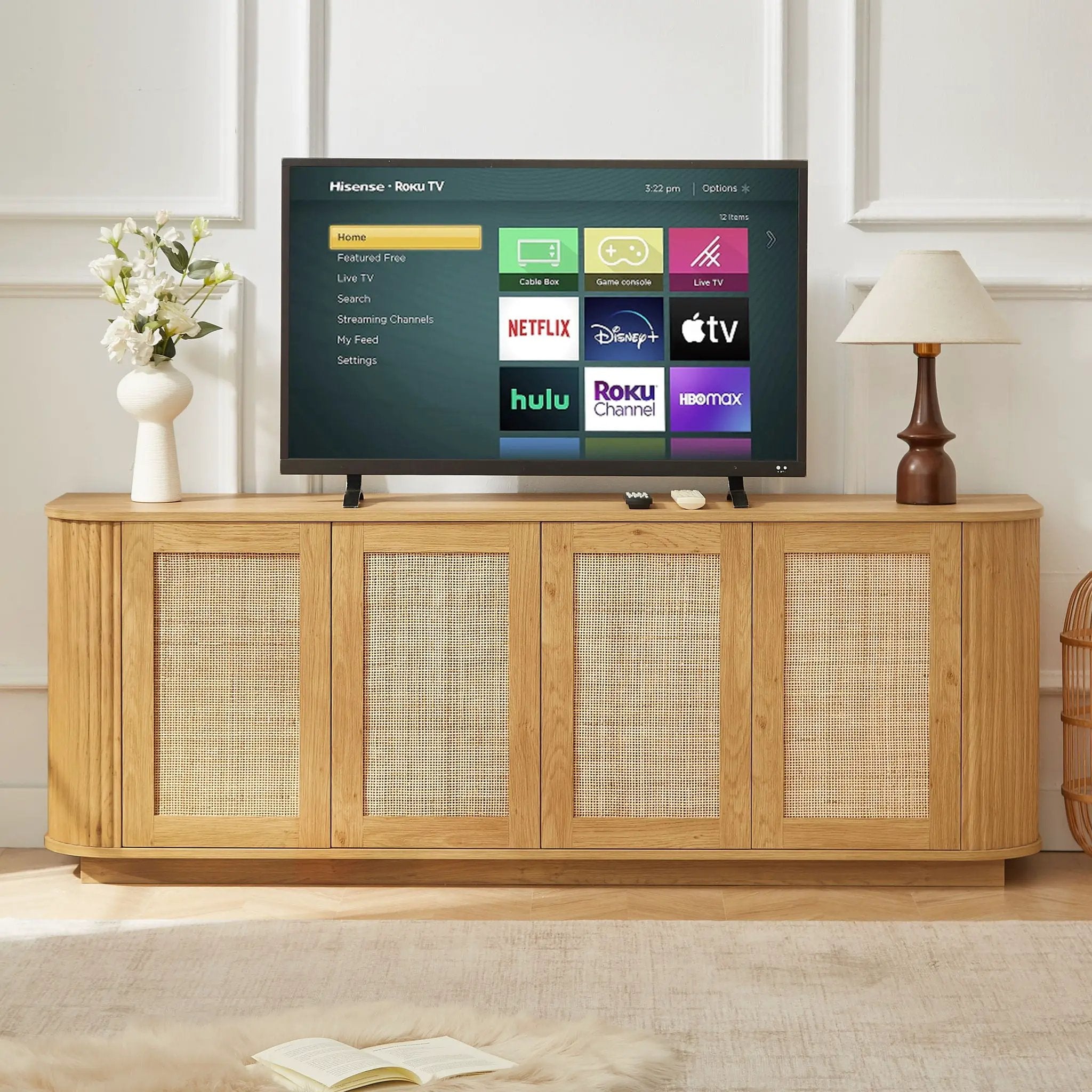 Contemporary Wave Shaped TV Stand With Rattan Doors by Unique Piece Furniture
