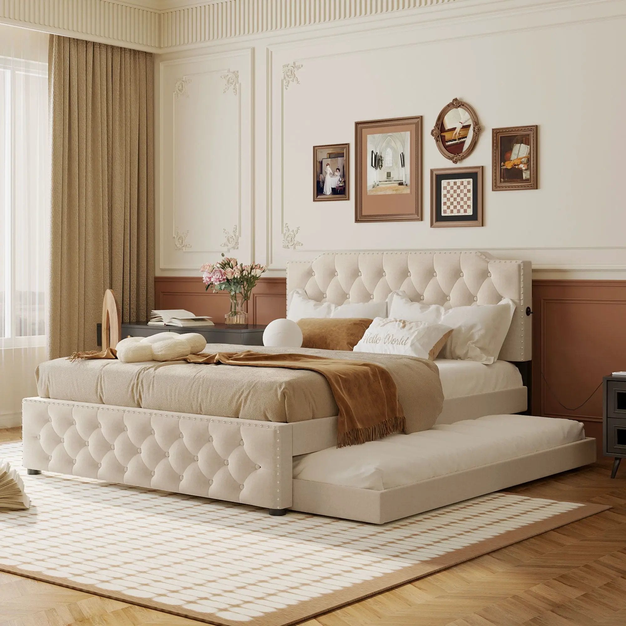 Upholstered Platform Bed With Trundle And 2 Sets Of USB Ports On Each Side, Fabric by Unique Piece Furniture